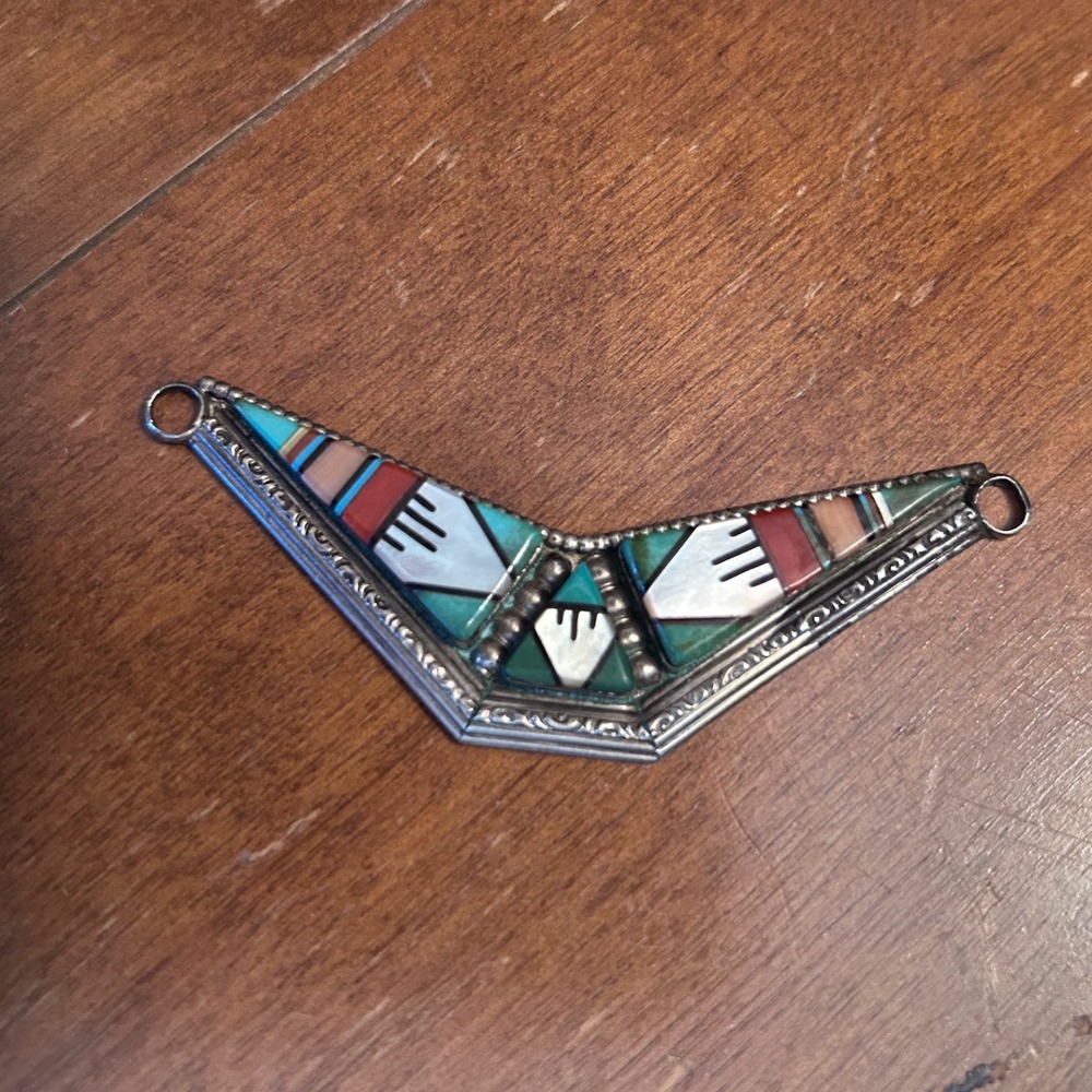 Vintage Zuni Inlay Pendant Turquoise Coral Mother of Pearl Chevron Signed Silver